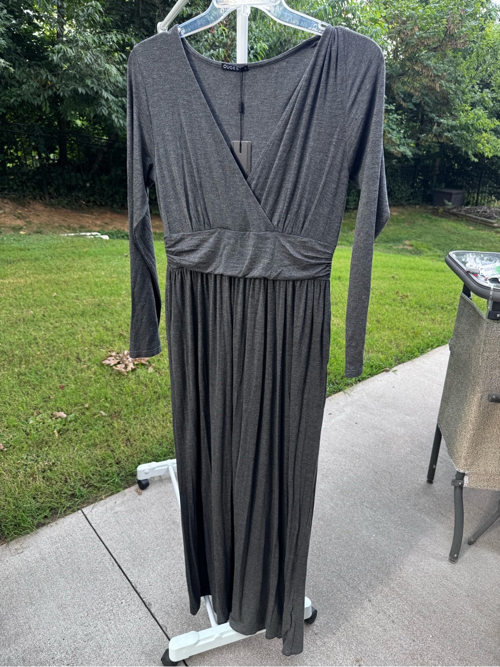 Charcoal Gray Long-Sleeve Maxi Dress with Surplice Neckline